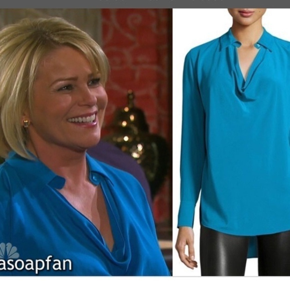 Vince Teal Silk Cowl Neck Blouse Long Sleeve Medium - Picture 4 of 11